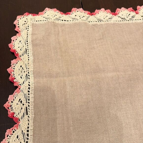 Vintage Taupe Table Runner Doily with Pink Crochet Edges - Picture 5 of 5